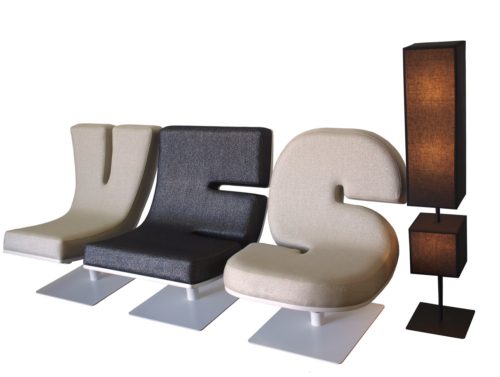 YES - Tabisso Typographia lounge-chairs and punctuation floor lamps