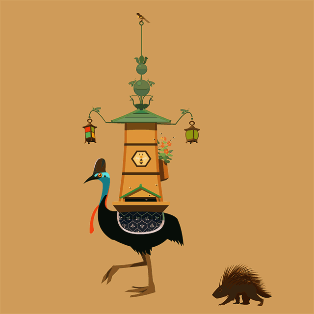 Jonathan Stroh GIF Cassowary with beehive and porcupine